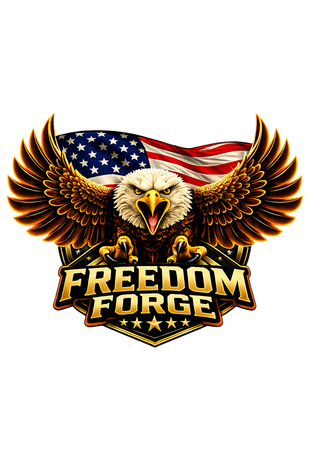 Freedom Forge funny dog shirt graphic – bald eagle with American flag, patriotic print-on-demand tee by DMI Printing
