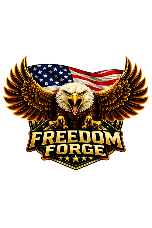 Freedom Forge funny dog shirt graphic – bald eagle with American flag, patriotic print-on-demand tee by DMI Printing
